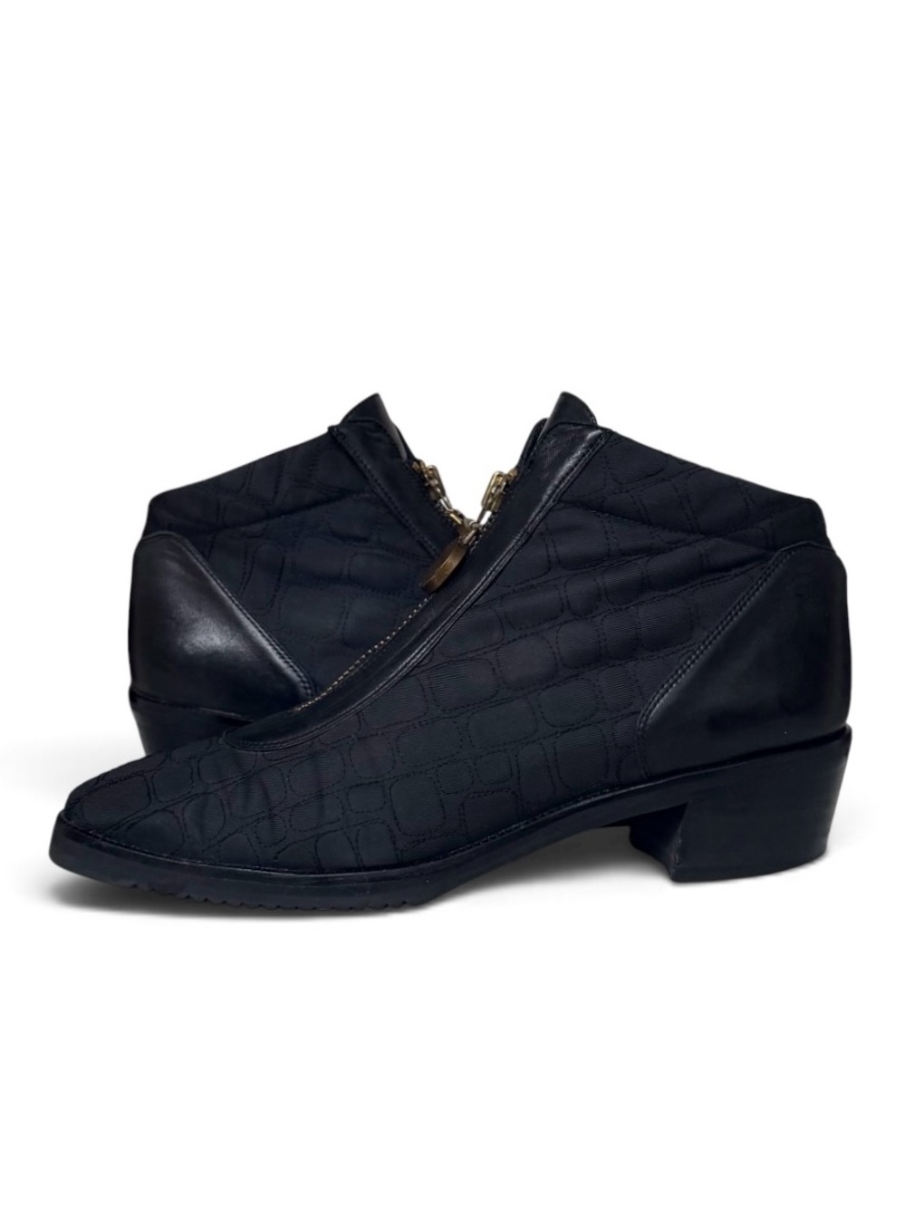Stuart Weitzman Black Leather Quilted Fabric Front Zip Ankle Boots w/Coin Pull